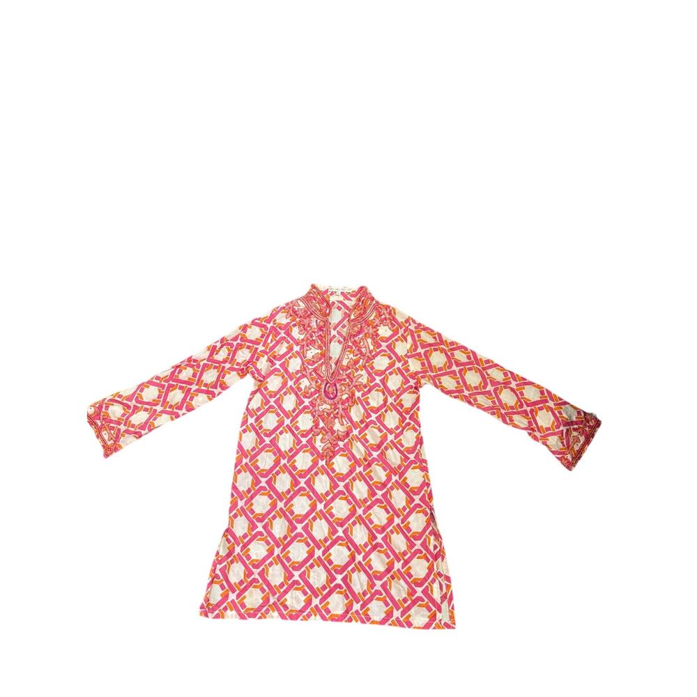100% PURE cotton Barbara Gerwit Beaded Embroidered Tunic Dress Pink Orange Small